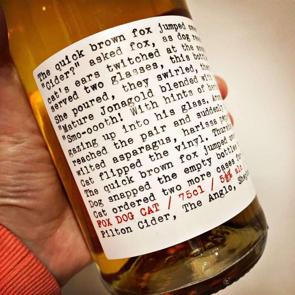 Image of a typewritten label on a cider bottle