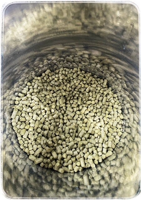 Image of hop pellets in a metal bucket