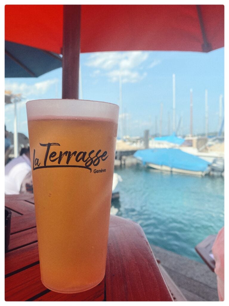 Image of a paltic cup of beer next to a lake