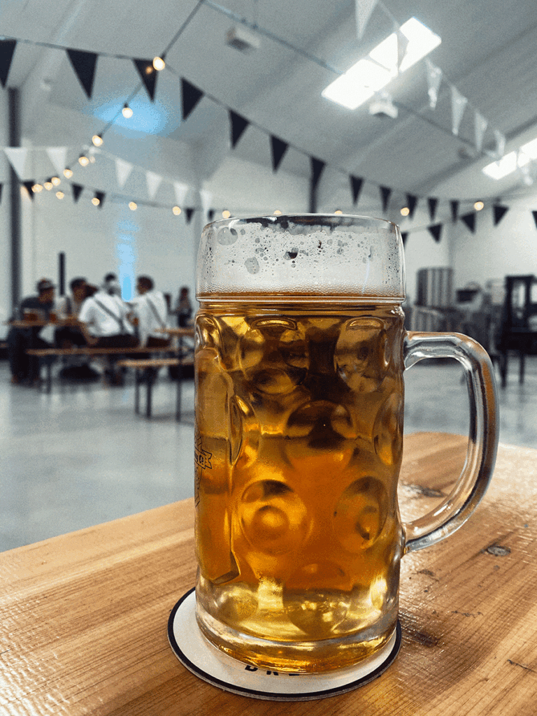 Image of a dimpled beer glass with a handle